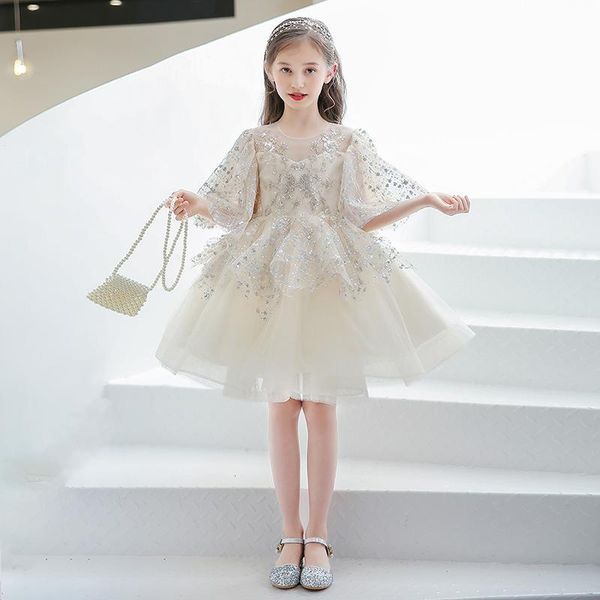 

girl's dresses girl party gowns knee-length o-neck floral print evening dress exquisite embroidery tassel pearls sequined formal prom, Red;yellow