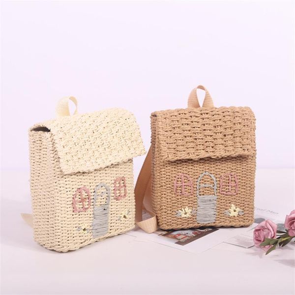 

storage bags handmade rattan double-shoulder straw woven bag with hand-carrying backpack house shape children room candy
