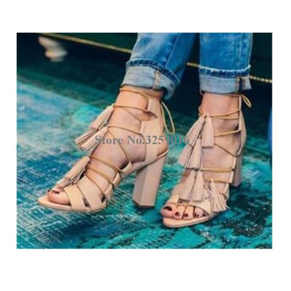 

sandals open toe chunky heel tassels gladiator fashion women strap lace-up thick high dress shoes heels, Black