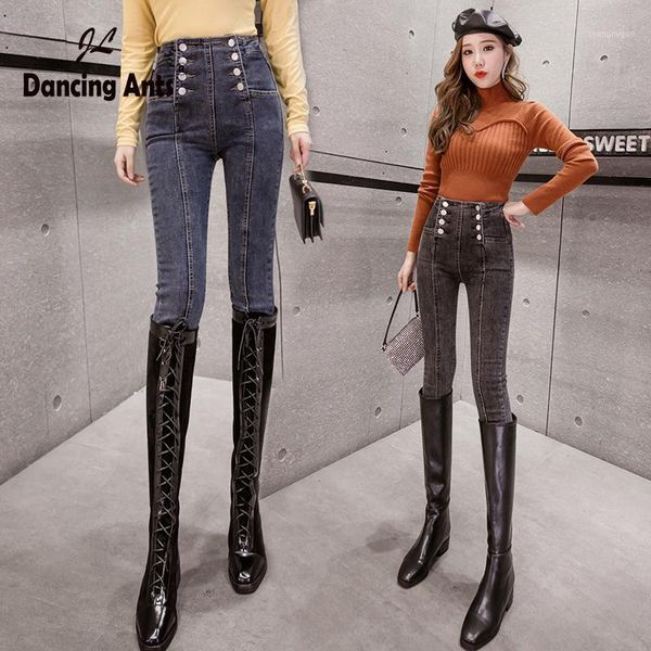 

women's jeans woman high waist skinny double breasted pencil pants office lady slim female denim ankle-length 2021 summer, Blue