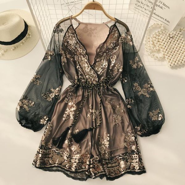 

women's shorts gagarich european sequins perspective mesh long-sleeved v-neck embroidery high-waisted thin wide 8e0w, White;black