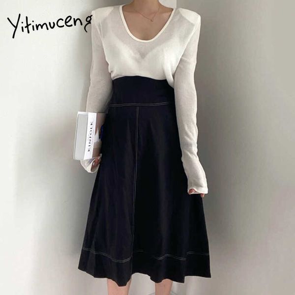 

yitimuceng 2 piece t shirts and skirt women suit office lady black white thin high waist maxi skirts spring fashion 210601