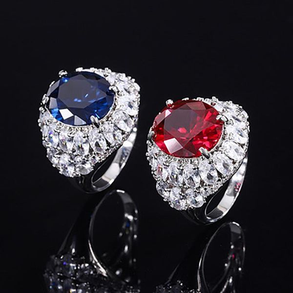 

cluster rings luxury real 925 sterling silver 12*14mm ruby sapphire high carbon diamond for women vintage cocktail party fine jewelry, Golden;silver