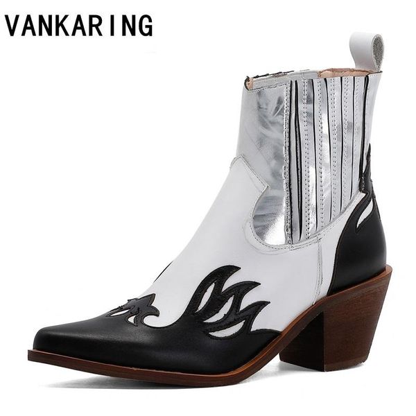 

boots women female autumn winter mixed leather cowboy ankle for pointed toe wedge heel woman booties casual shoes, Black