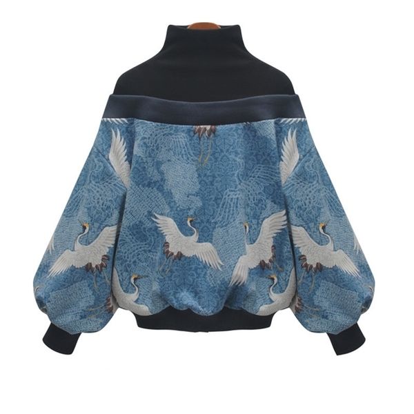 

women crane pattern printed sweatshirt spring winter turtleneck long sleeve loose oversized pullover female fashion 210809, Black