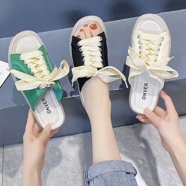 

slippers female shoes casual transparent heel platform low slides 2021 luxury soft rome cotton fabric canvas rubber basic lace-u, Black