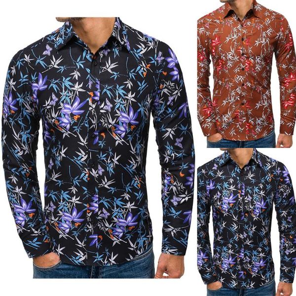 

men's casual shirts lapel men floral print collar long sleeve shirt button down plus size summer spring blouse, White;black