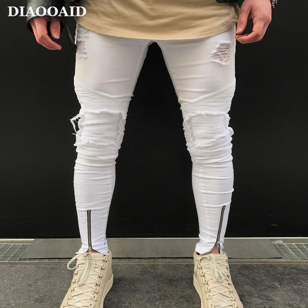 

streetwear fashion men 's knee hole skinny jeans white stretch denim trousers hem zipper biker motorcycle pant men's, Blue