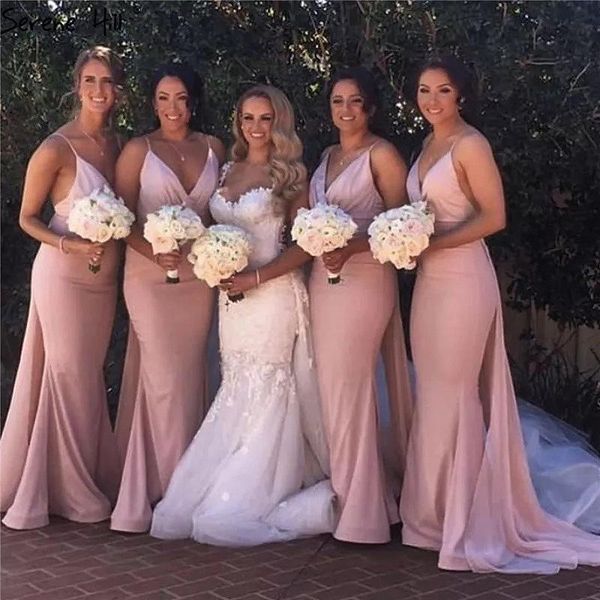 

bridesmaid dress pink mermaid 2021 dresses spaghetti straps v-neck wedding guest sleeveless train prom maid of honor gown, White;pink