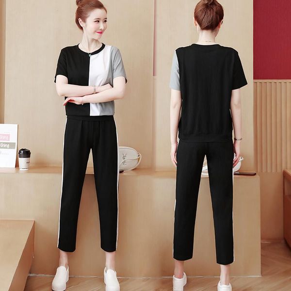 

large size women's 2021 western-style mother's wear summer sports suit thin spring two-piece short-sleeved t-shirt set two piece d, White