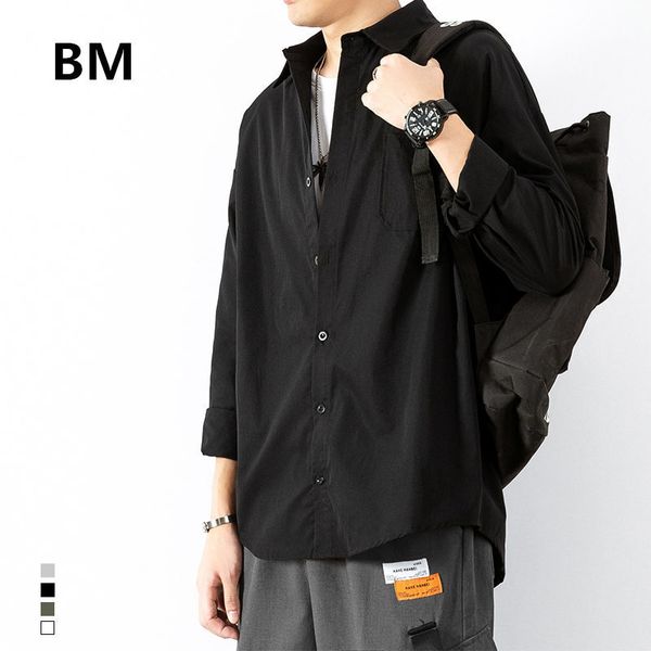 

men's casual shirts fashion loose solid color shirt korean style clothes men clothing autumn japanese streetwear harajuku mal, White;black