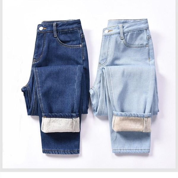 

women's jeans wkoud winter warm female 2021 denim pants students thicken loose straight black casual trousers plus size p8725, Blue