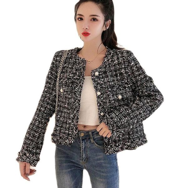 

women's jackets tweed coat for women casual o neck long sleeve hit color open stitch autumn winter jacket female fashion button outwear, Black;brown