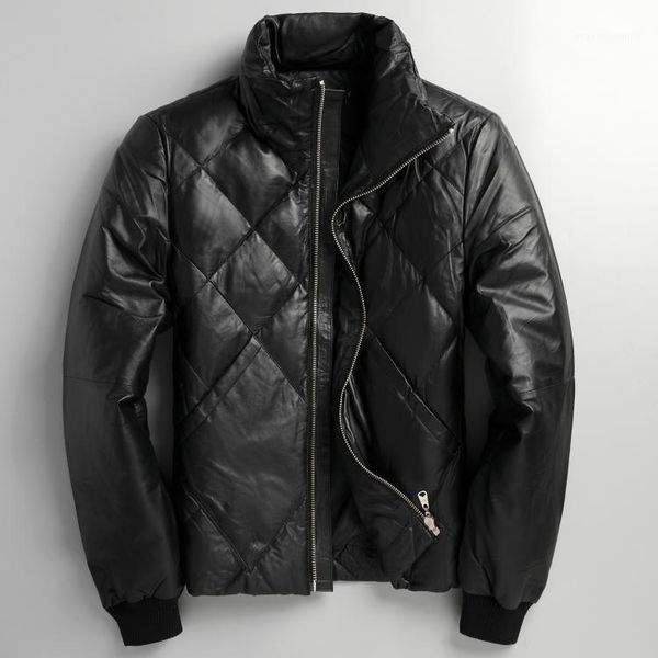 

men's leather & faux winter special clothes first layer sheep skin down jacket simple slim fit leisure coat, Black
