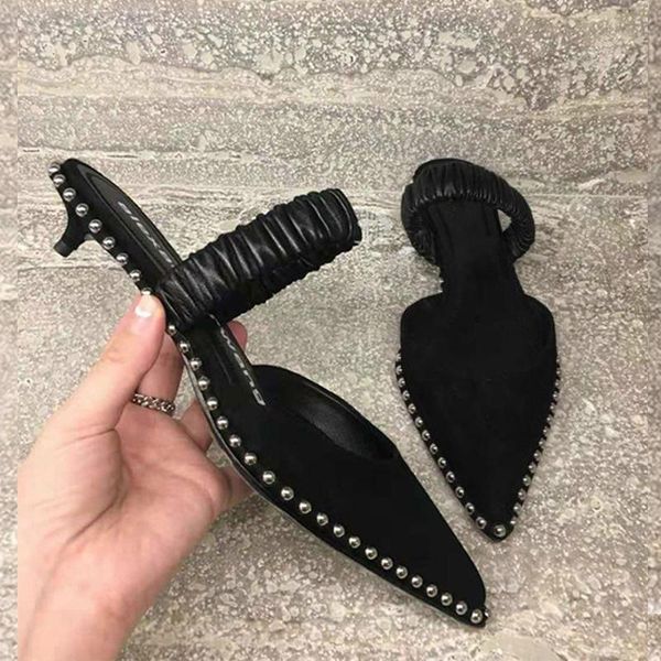

string bead casual shoes woman pointed toe mule sandals kitten heel mules slip on kittens women slides, Black