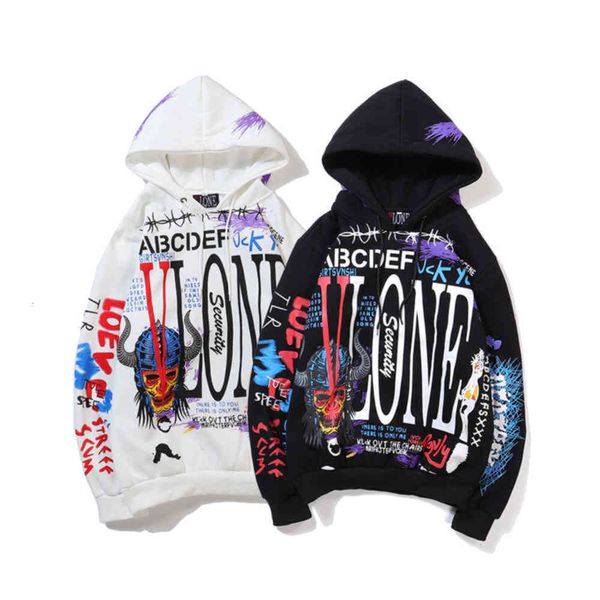 

hip hop kanye men and full body graffiti devil hooded hoodie coat, Black
