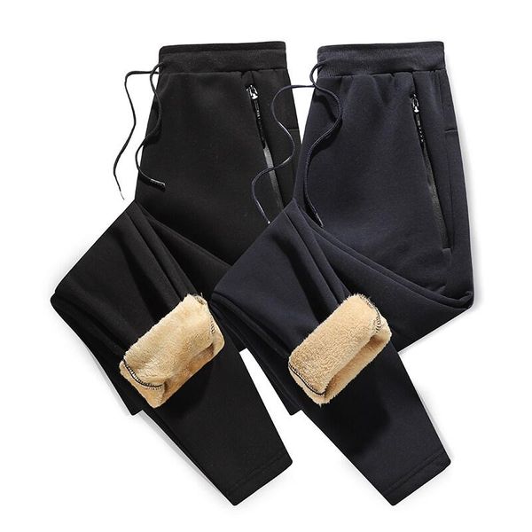 

men's pants thicken sweatpants winter plus velvet padded trousers slim large size warm solid trend sports jogges, Black