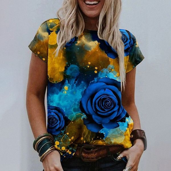 

women's floral theme painting t shirt floral rose print round neck basic blue gray red / 3d print 373v#, White
