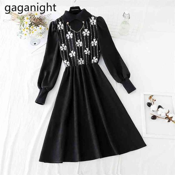 

vintage slim patchwork black knitted dresses autumn elegant basic lady vestido floral print long sleeve 210601, White