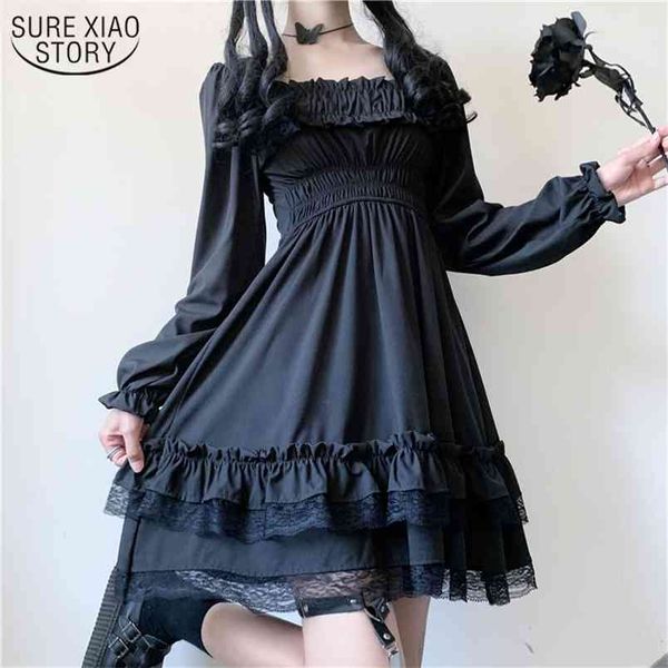 

spring black party dresses fashion women with lace slash neck high waist puff sleeve robe femme chic 210421, Black;gray