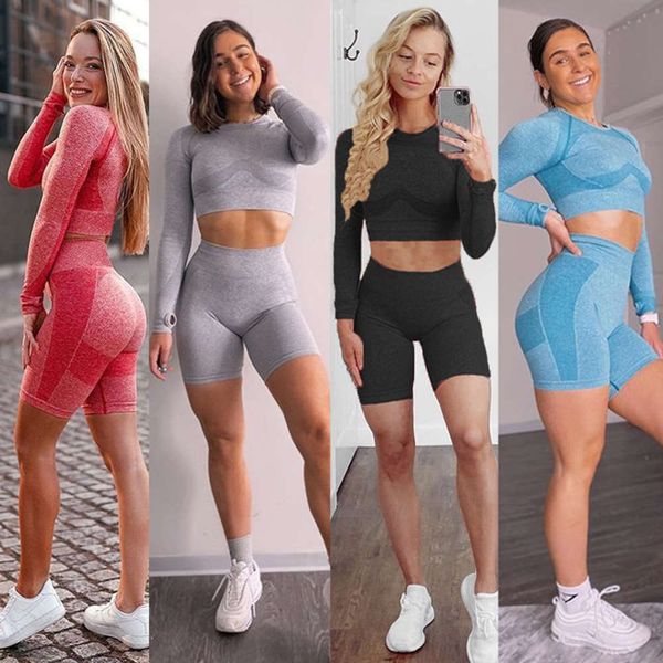 

women's sweaters 2021 seamls yoga long sve sweatsuit breathable hip high waist shorts, White;black