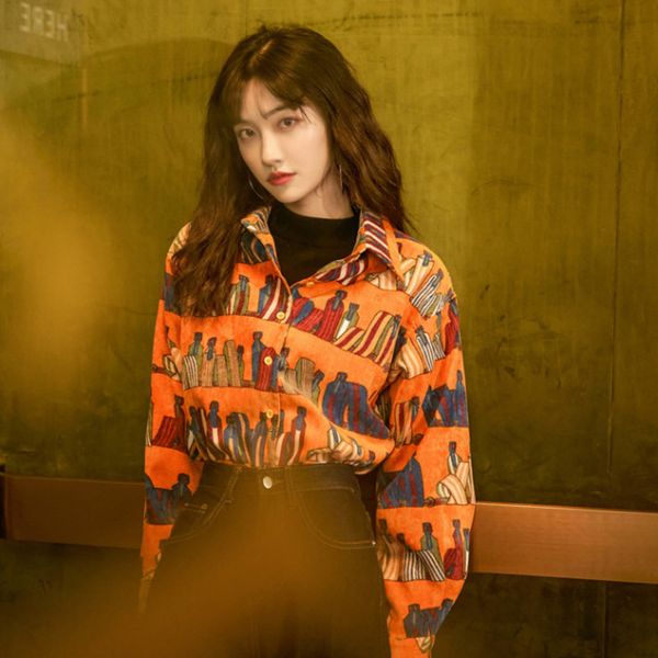 

[ewq] spring women vintage blouse single breasted turn-down collar long-sleeved panelled print corduroy shirt 8y691 210423, White