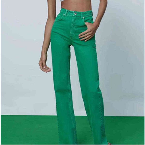 

spring autumn women's fashion jeans is thin and high-waisted straight bright yellow green jeans drop 211129, Blue