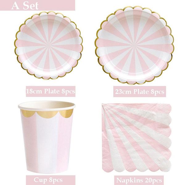 

packaging dinner service pink stripe plate cup paper napkin straw disposable tableware sets wedding birthday party decoration baby shower fa