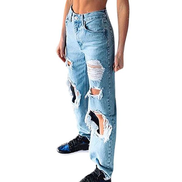

women jeans blue hole pants high waist ripped frayed clothing ladies casual loose female denim trousers women's