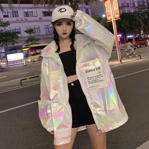 

women's jackets harajuku women colorful casual jacket summer glitter glossy hooded coat sunscreen silver white pink oat plus size f, Black;brown