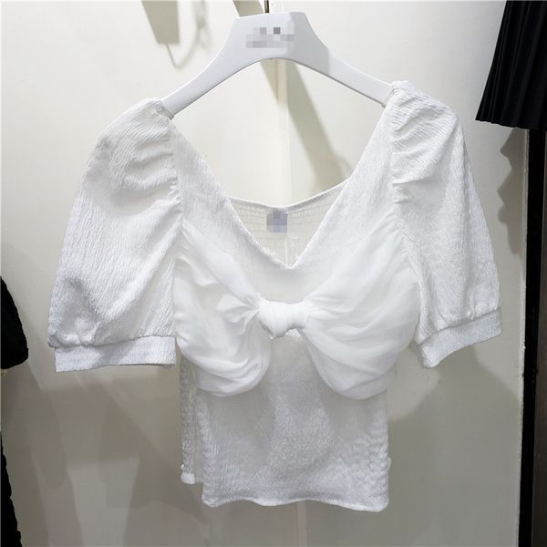 

[ewq]women white the word shoulder bow mini t-shirt new v-neck short puff sleeve fashion casual tide spring summer 16f0731 210423