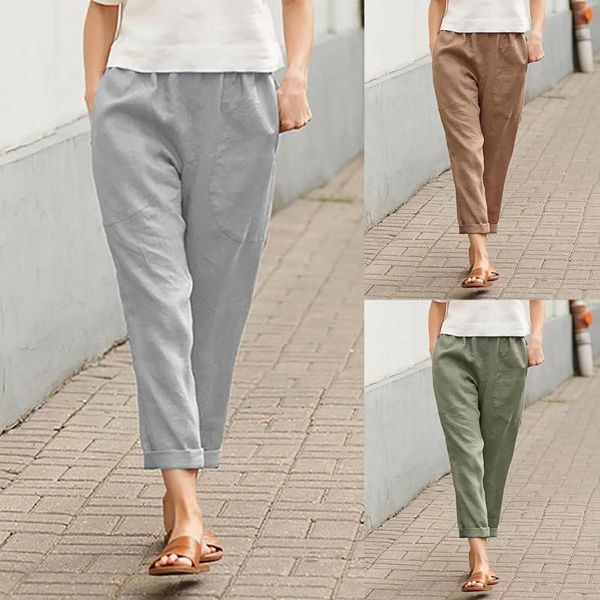 

women's pants & capris cotton linen big pocket thin solid elastic waist pant for women 2021 summer straight white homewear trousers, Black;white
