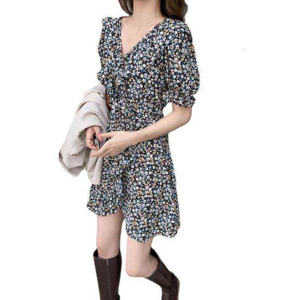 

2021 summer women's v-neck trumpet sleeve floral chiffon short drs fashion wear, Black;gray