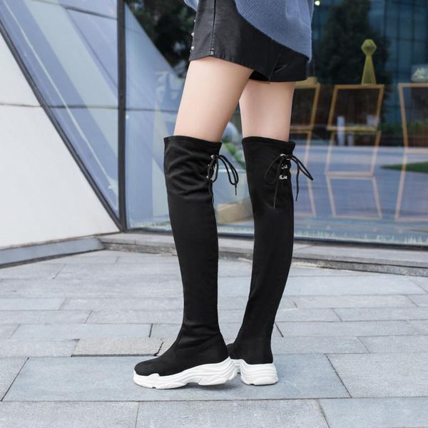 

boots black beie stretch flock over the knee hih platform women shoes plus size lace up kniht lon 2021