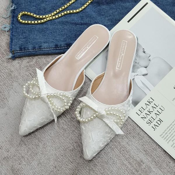 

slippers chic beads butterfly-knot mules ladies summer beach shoes flat cover toe slides fairy pointed pearl silk women 2021, Black