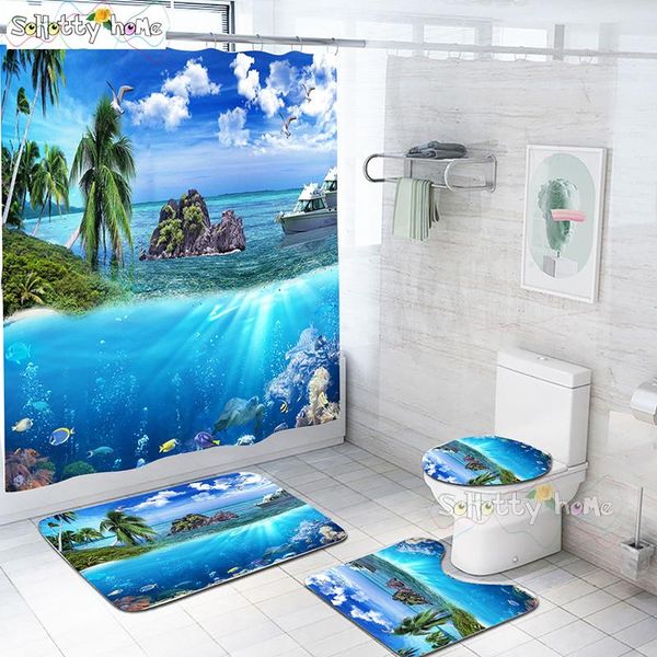 

magical underwater world fabric waterproof shower curtain bathroom curtains set small island coconut tree non-slip rug toilet