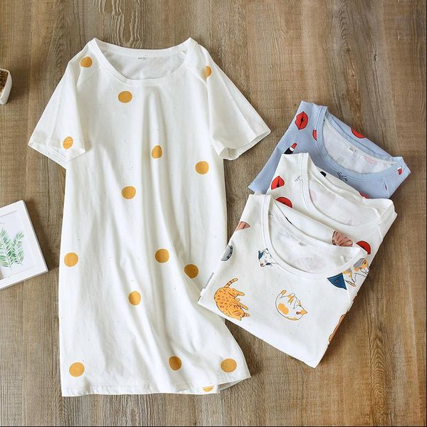 

summer cotton nightgown short sleeve womens sleepwears sleep dress korean lovely cartoon print nightwear female plus size loose home, Black;red