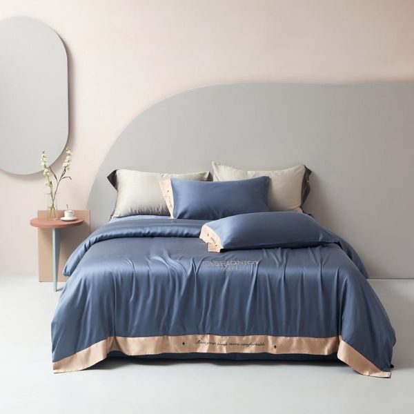 

bedding sets 2021 four-piece simple 100% tencel lyocell fiber bed sheet quilt cover embroidered twill comfortable blue color
