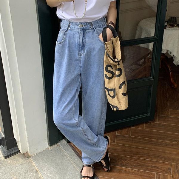 

women's jeans high waist solid denim trousers korean fashion loose woman casual slimming straight wide leg pants ladies 2021, Blue
