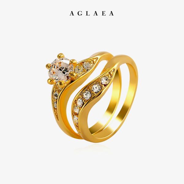 

wedding rings 2 pcs set trendy stackable engagement ring prong setting gold plated zircon fashion jewelry for women, Slivery;golden