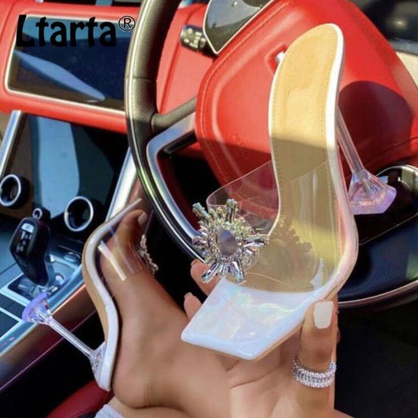 

transparent crystal sun flowers buckle womens slippers summer square toe ladies strange high heels sandals wbl, Black