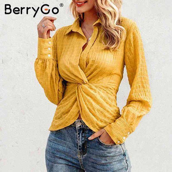 

berrygo casual long sleeve twisted autumn female blouse shirt high waist women plaid elegant slim office ladies 210513, White