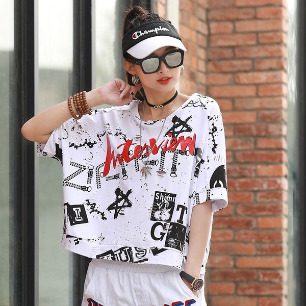 

t shirt summer fashion brand women's 2021 cotton loose design graffiti short sleeve for women, White