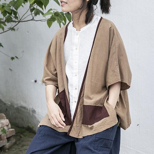 

women's blouses & shirts fairynatural ladies pockets cardigan cotton linen 2021 summer autumn female chinese style vintage short sleev, White