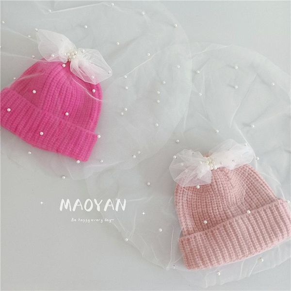 

caps & hats autumn winter girl fashion bow pearl mesh hat knitted kids beanie cap infant baby headwear warm children girls elegant, Yellow