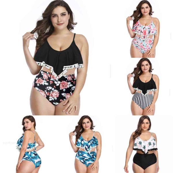 

flounce retro boho plus bikini set waist 2021 high biquini badmode vrouwen twee stukken 2 pieces bloemen beachwear v-hals badpak s-3xl, White;black