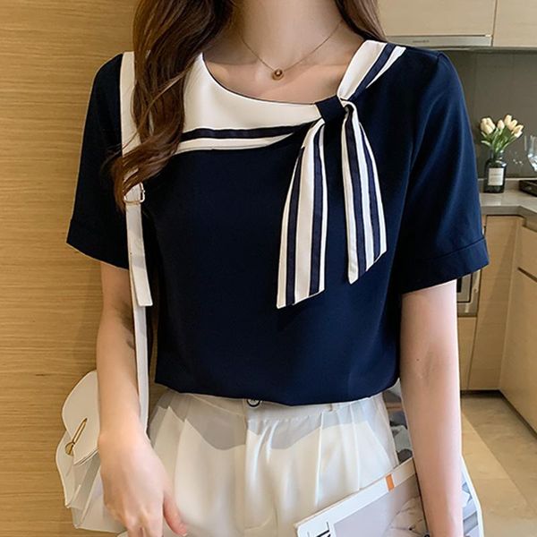 

women's blouses & shirts ljsxls camisas de mujer summer chiffon women fashion preppy style loose short sleeve femme 2021 woman clothes, White