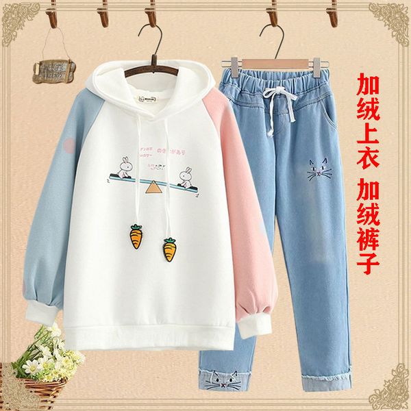 

junior high school students' korean plush sweater autumn winter 13 girls' loose 12 less 15-year-old leisure thickened suit, Blue;black