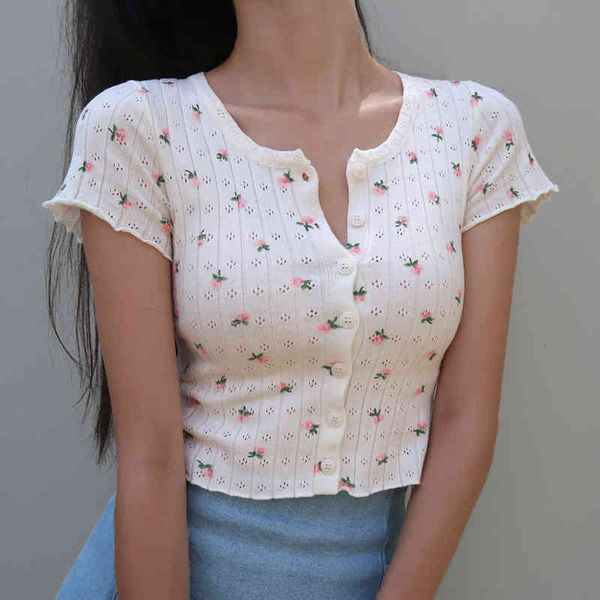 

women's t-shirt summer round collar floral short woman crop vintage sleeve knitted t-shirts cardigan i5bj, White