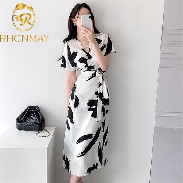

summer korean chic ink painting print dress vintage long women lace-up midi party es short sleeve v-neck 210520, Black;gray